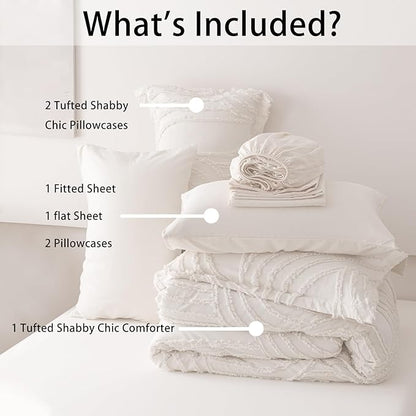 Ivory Full Comforter Set - 7 Pieces Bed in a Bag, Premium Comforters Full Size Bed Set Tufted Shabby Chic Bedding Comforter Set with Flat Sheet, Fitted Sheet and Pillowcases,White