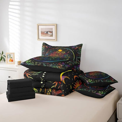 Erosebridal Life Tree 7 Piece Bedding Set Queen Size,Sun and Moon Bed in a Bag,Exotic Neon Trees Bed Set Includes Comforter, Sheet Set, Pillowcases & Pillow Covers All Season Bedroom Decor