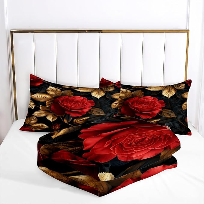 Floral Comforter Set Queen Black Red Botanical Flower Bedding Set Modern Aesthetic Bedding Sets Soft Lightweight Microfiber Comforter Sets for All Season