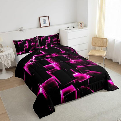 Erosebridal Honeycomb Square Comforter Set for Kids Girls 3D Geometric Square Bedding Queen, Pink Black Neon Lights Bedding Sets, Gradient Print Duvet Insert with 2 Pillow Cases