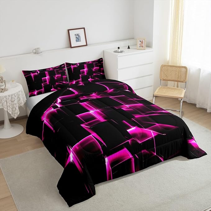 Erosebridal Honeycomb Square Comforter Set for Kids Girls 3D Geometric Square Bedding Full, Pink Black Neon Lights Bedding Sets, Gradient Print Duvet Insert with 2 Pillow Cases