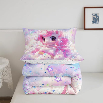 Girls Unicorn Comforter Set Twin Cartoon Animals Bedding Set Cute Rainbow Stars Print Down Comforter Kids Cartoon Kawaii Duvet Set Galaxy Stars Fantasy Girls Room Decor Children Reversible Colorful