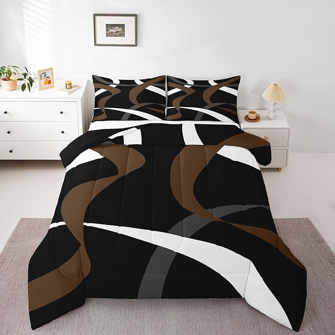 Erosebridal Abstract Black Brown Bedding Comforter Sets Dark Grey White Striped Bedding Set King Geometric Abstract Down Comforter for Boys Adults Men Modern Fashion Quilt Duvet