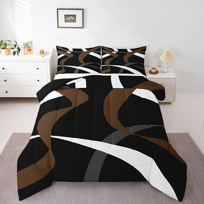 Erosebridal Abstract Black Brown Bedding Comforter Sets Dark Grey White Striped Bedding Set King Geometric Abstract Down Comforter for Boys Adults Men Modern Fashion Quilt Duvet