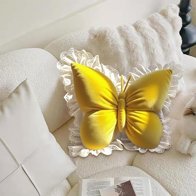 Butterfly Throw Pillow, Butterfly Shaped Decorative Pillow for Sofa Couch Bed, Plush Velvet Lumbar Support Cushion for Office Chair & Car Seat (Yellow)