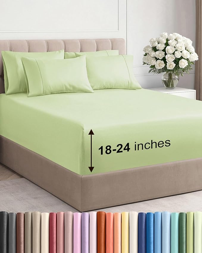 Extra Deep Cal King Sheet Set - 6 Piece Breathable and Cooling Sheets - Hotel Luxury Bedding for Women, Men, Kids & Teens - Easy & Secure Fit - Soft and Wrinkle Free - Extra Deep Pockets - Light Sage