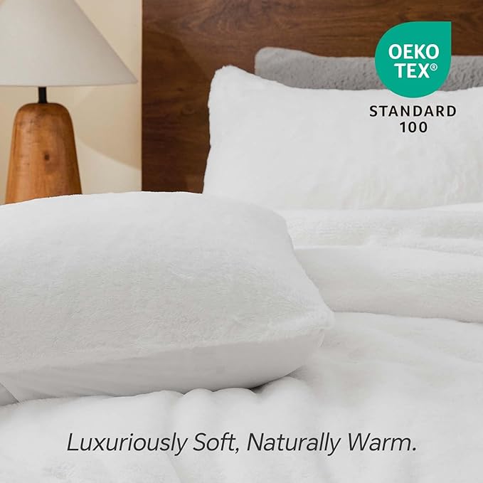 BEDELITE Faux Fur Fleece Queen Comforter Set - Fluffy & Warm White Comforter Queen Size，Ultra Soft and Cozy Winter Bedding Set,Fuzzy Thick Bed Set,1 Comforter and 2 Pillowcases