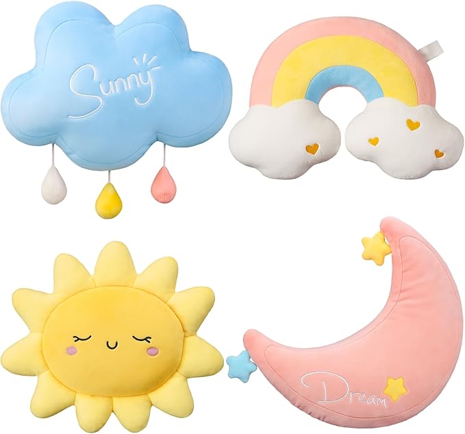 4 Pcs Cloud Rainbow Moon Sun Pillow 17" Soft Plush Pillow Cute Stuffed Throw Cushion Decorative Creative Cushion for Home Decor Gift Room Reading Nook Decorations