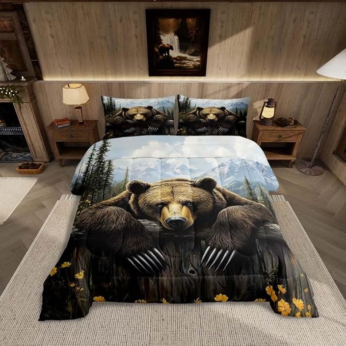 Feelyou Kids Bear Comforter Set Queen Size Rustic Cabin Country Bedding Set for Boys Girls Wood Farmhouse Comforter Adult Duvet Set,1 Comforter+ 2 Pillow Shams,Brown Blue Yellow