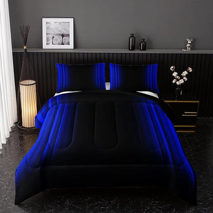 Blue and Black Bedding Set Queen Size Abstract Ombre Comforter Set for Teen Boys, Mordern Bedding Set 3 Piece in A Bag,Dark Quilt Set Mordern Art Decor Lightweight All Seasons with Pillowcases