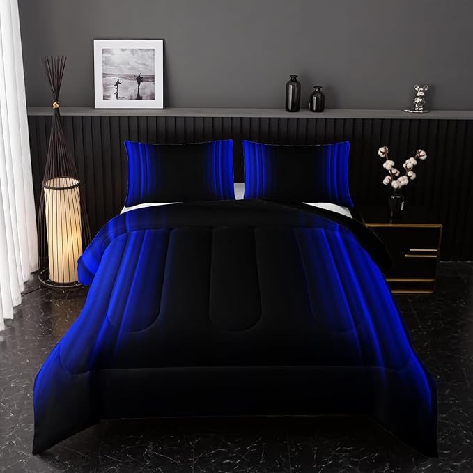 Blue and Black Bedding Set Full Size Abstract Ombre Comforter Set for Teen Boys, Mordern Bedding Set 3 Piece in A Bag,Dark Quilt Set Mordern Art Decor Lightweight All Seasons with Pillowcases