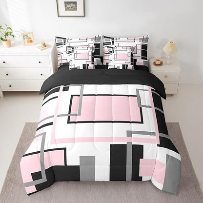 Erosebridal 7Pcs Pink and Black Queen Comforter Set,Modern Square Geometric Bed in A Bag for Adults,Mid Century Minimalist Abstract Quilt,Aesthetics Art Contemporary Stripes Bedding with Bed Sheets