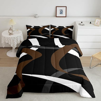 Erosebridal Abstract Black Brown Bedding Comforter Sets Dark Grey White Striped Bedding Set Queen Geometric Abstract Down Comforter for Boys Adults Men Modern Fashion Quilt Duvet