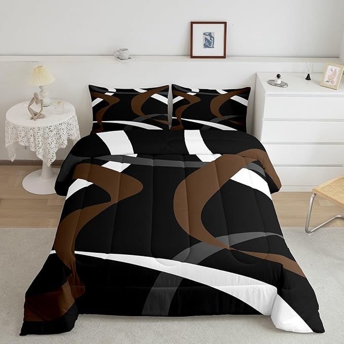 Erosebridal Abstract Black Brown Bedding Comforter Sets Dark Grey White Striped Bedding Set King Geometric Abstract Down Comforter for Boys Adults Men Modern Fashion Quilt Duvet