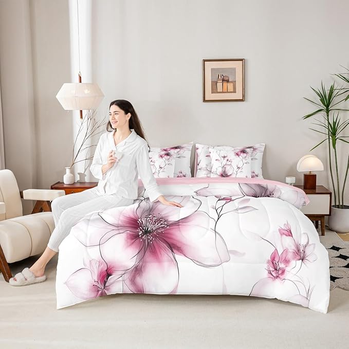Erosebridal Pink Floral 7 Pcs Bedding Set Twin, Elegant Boho Flower Comforter Set with Sheets for Young Women Adults Girls, Watercolor Flower Bed in A Bag, Ink Painting Style Blossom & Leaf Bed Sets