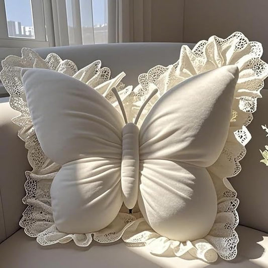 Butterfly Throw Pillow,21.6 inch Velvet Butterfly Decorative Pillow with Lace Trim,Animal Pillow for Couch Living Room Bed,Home Garden Decor (Off-White)