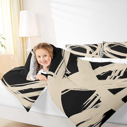 Erosebridal Beige and Black Abstarct Queen Comforter Set for Adult Women Men, Geometric Striped Bedding Set for Minimalists,Graffiti Aesthetic Lines Quilt,Contemporary Boho Modern Art Duvet Insert