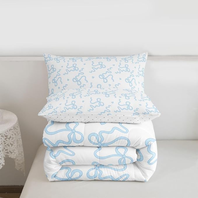 Blue Bow Print Comforter Sets Full Size,Girl Cartoon Love Heart Bedding Set 3Pcs for Kids Girls Women Room Decor,Kawaii Princess Style Quilted Duvet Girly Sweet Down Comforter,2 Pillowcases