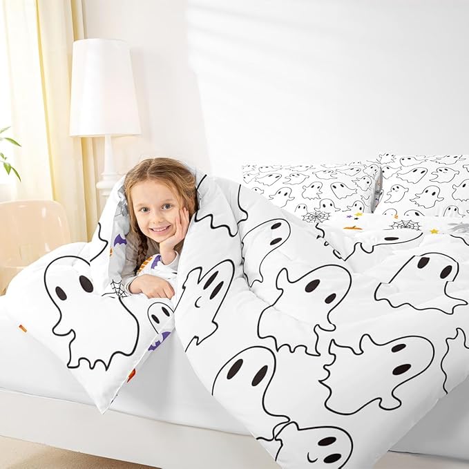 Erosebridal Cartoon Ghost Comforter Set Full, Halloween Ghost Bedding Set for Kids Boys Girls Teens Women Men Bedroom, Funny Halloween Decor Comforter, Cute White Spooky Quilt
