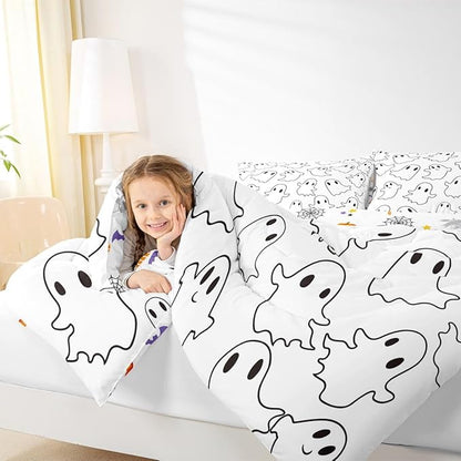Erosebridal Cartoon Ghost Comforter Set Twin, Halloween Ghost Bedding Set for Kids Boys Girls Teens Women Men Bedroom, Funny Halloween Decor Comforter, Cute White Spooky Quilt