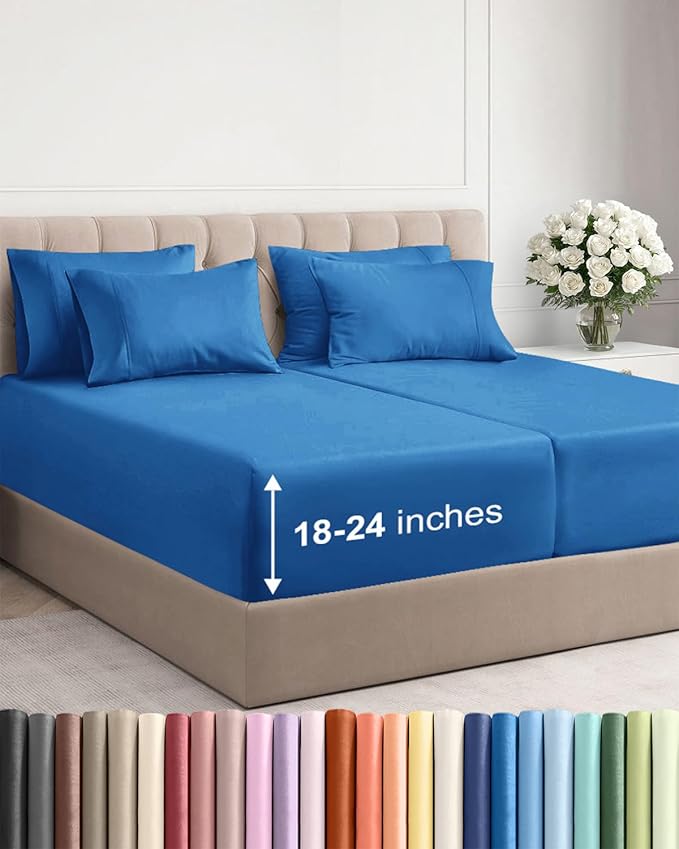 Extra Deep Split King Sheet Set - 7 Piece Breathable and Cooling Sheets - Hotel Luxury Bedding for Women, Men, Kids & Teens - Easy Secure Fit - Soft & Wrinkle Free - Extra Deep Pockets - Royal Blue