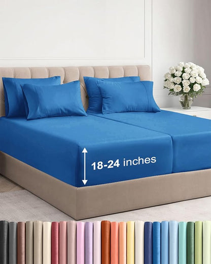 Extra Deep Split King Sheet Set - 7 Piece Breathable and Cooling Sheets - Hotel Luxury Bedding for Women, Men, Kids & Teens - Easy Secure Fit - Soft & Wrinkle Free - Extra Deep Pockets - Royal Blue