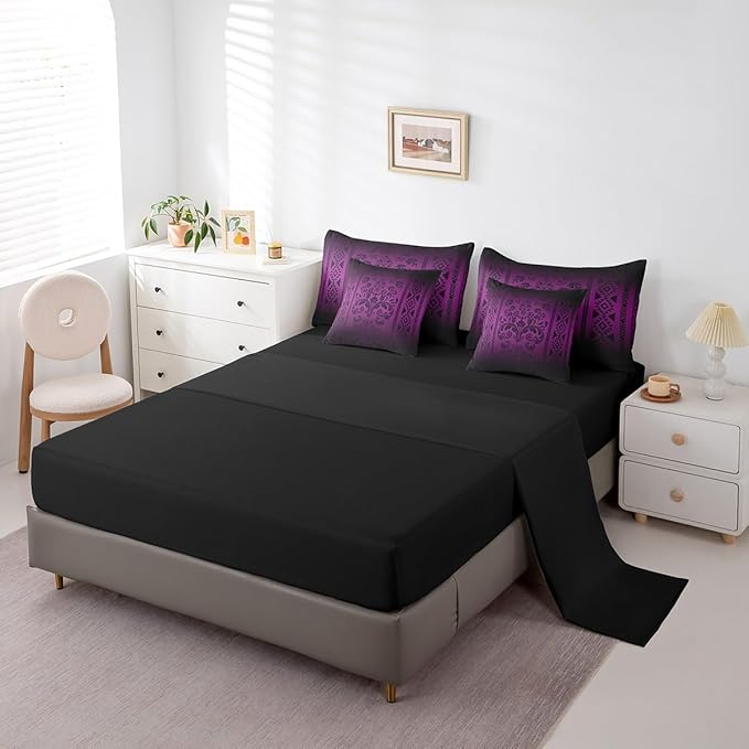 Comforter Set Queen Size, Dark Purple Damask Aztec 7 Pcs Bedding for Kids Adults, Antique Decor Western Baroque Gothic Bed Sheet Sets with Fitted Sheet 2 Pillowcases & 2 Shams for Bedroom Bed Decor