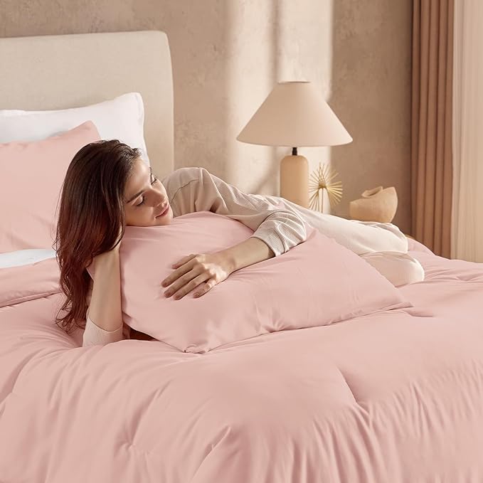 Andency California King Size Comforter Set, 3 Pieces Blush Pink Boho Solid Bedding Comforter Set, Modern Reversible Soft Fluffy Cal King Bed Set for All Season