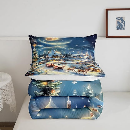 Christmas Santa Claus Comforter Set Full Size,Xmas Tree Elk Sledge Bedding Set 3Pcs,Winter Rustic Country Quilt Set Kids Girls Boys Room Decor,Night Snow Scenery Duvet Insert,2 Pillowcases