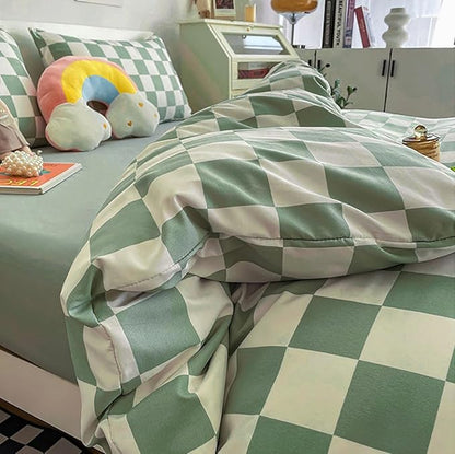 KAREVER Green White Grid Comforter Set Twin Sage Green Plaid Bedding Set Girls Light Green White Checkered Bed Set Breathable Blanket Set Kids Durable Bedding Comforter Set