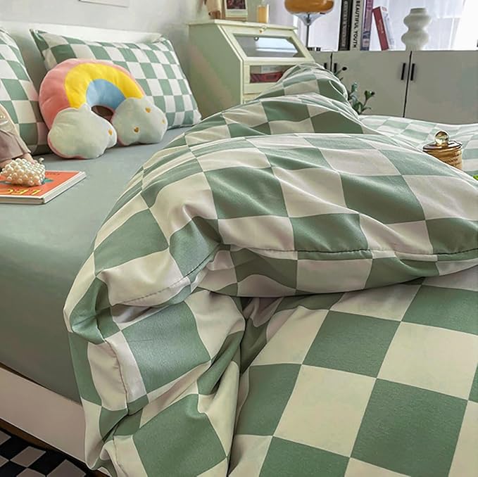 KAREVER Green White Grid Comforter Set Cal King Sage Green Plaid Bedding Set Women Light Green White Checkered Bed Set Breathable Blanket Set Men Durable Bedding Comforter Set