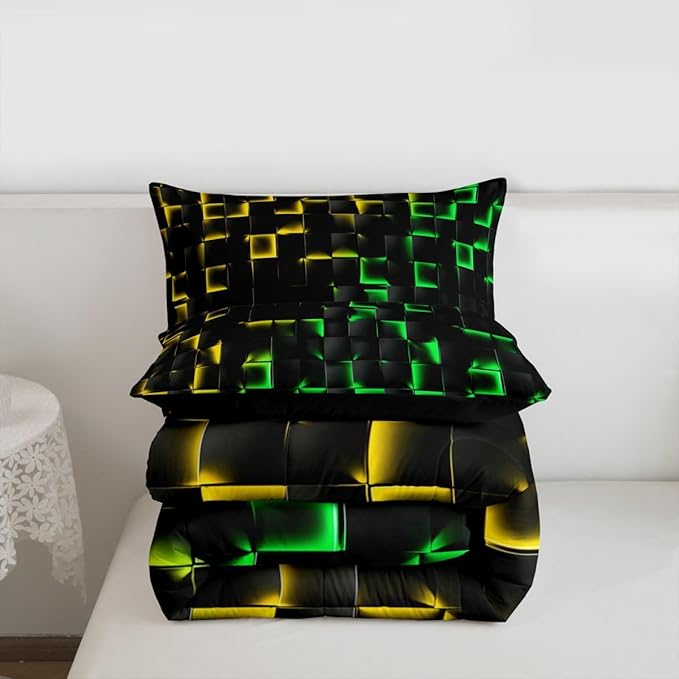 Erosebridal Geometric Checkered Comforter Set Full Neon Yellow Green Bedding Set for Kids Boys Teen Gamer Room Decor,Abstract Ombre Plaid Comforter Grids Quilt Duvet Black