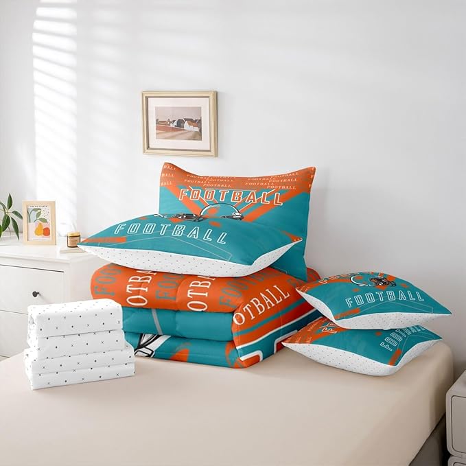 Feelyou Football 7 Pieces Comforter Sets Queen Size Rugby Sports Bedding Set for All Season Football City Bed in a Bag with Comforter, Sheets, Pillowcases & Cushion Cover
