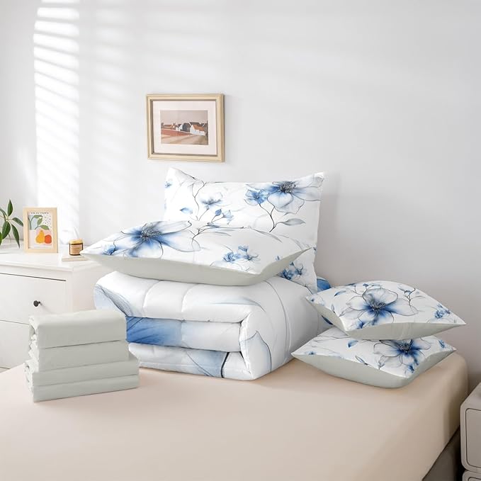 Erosebridal Bohemian Floral Full Comforter Set with Sheets, Blue Flower 7 Pcs Bedding Set for Women Adults Girls, Chic Watercolor Flower Boho Bed Sets, Ink Painting Style Blossom & Leaf Bed in A Bag
