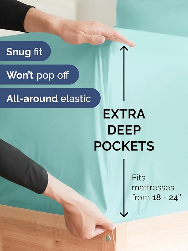 Extra Deep Split King Sheet Set - 7 Piece Breathable and Cooling Sheets - Hotel Luxury Bedding for Women, Men, Kids & Teens - Easy & Secure Fit - Soft and Wrinkle Free - Extra Deep Pockets - Spa Blue