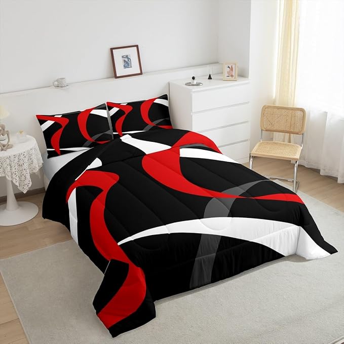 Erosebridal Grey Red Black Bedding Comforter Sets Dark Gray White Striped Abstract Bedding Set King for Boys Teen Men Geometric Stripes Down Comforter Modern Fashion Quilt Duvet