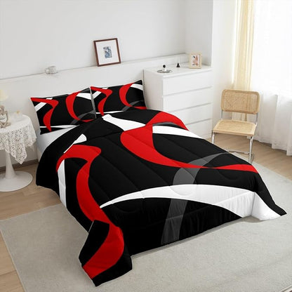 Erosebridal Grey Red Black Bedding Comforter Sets Dark Gray White Striped Abstract Bedding Set King for Boys Teen Men Geometric Stripes Down Comforter Modern Fashion Quilt Duvet