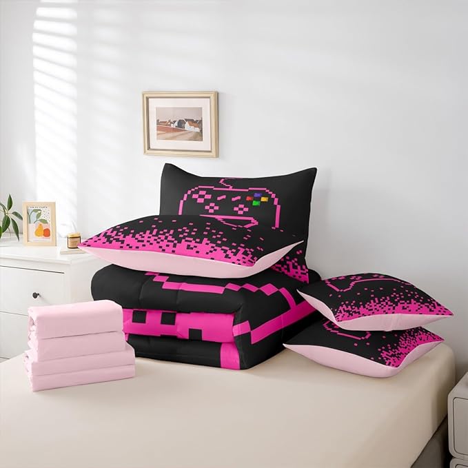 Castle Fairy Gamepad 7 Piece Bedding Set Full Size,Pixel Miners Games Comforter & Sheet Sets Pink Plaid Patchwork Bed in a Bag Modern Fashion Flat & Fitted Sheets,4 Pillow Covers