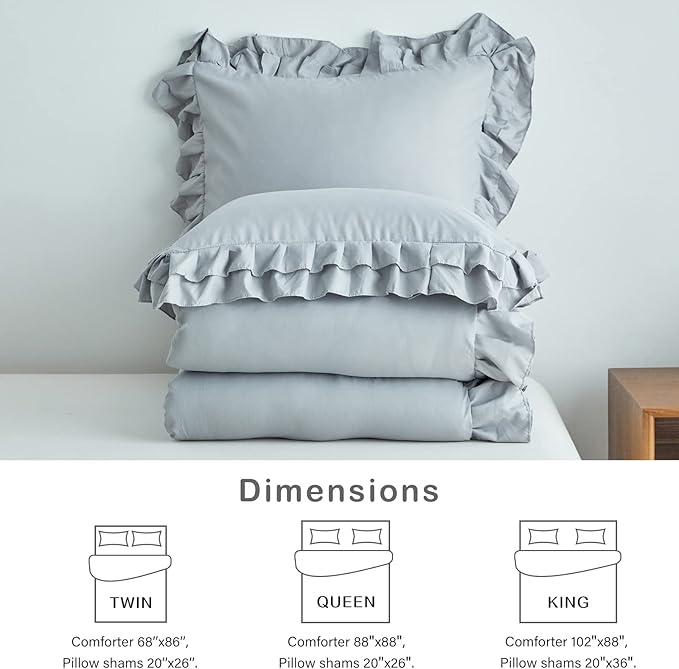 Grey Ruffled Comforter Set Twin Size, 3 Pieces (1 Ruffled Comforter and 2 Pillowcases) Farmhouse Shabby Chic Style with 2 Layers Ruffle, Solid Color Lightweight Soft Fluffy Bedding Sets for Kids