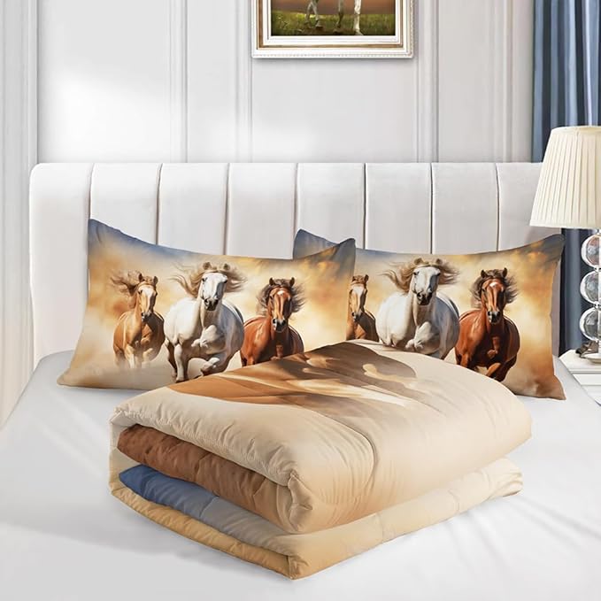 Kid Galloping Horse Comforter Set Twin Animal Theme Handsome Horse Bedding Set Wild Animal Grey Sky Sand Decor Quilt Bed Set for Boys Girls Adult, 1 Comforter + 2 Pillowcases