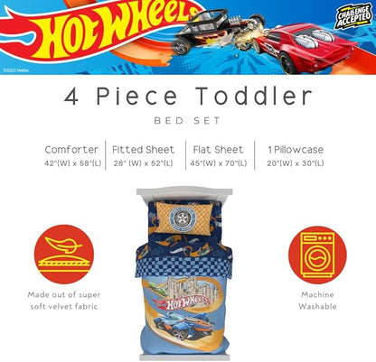 Hot Wheels Race Track 4 Piece Toddler Bed Set – Super Soft & Cozy Reversible Microfiber Comforter and Sheets (Officially Licensed Product) by Franco