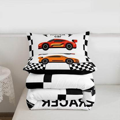 jejeloiu Boys Cartoon Racer Car Bedding Set Twin Size Black White Checkerboard Comforter Set for Kids Red Orange Duvet Set Cute Car Quilt Set 2Pcs