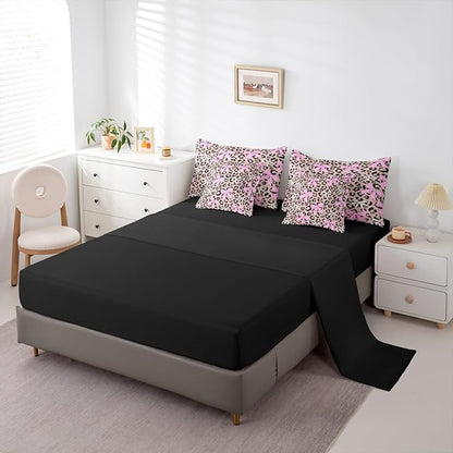 Erosebridal Bow Leopard Girly Pink Full Comforter Set 7 Pieces | Bowknot Ribbon Bed in A Bag for Bedroom Fur Print Cheetah Bedding Set with Comforters Brown Black Room Decor