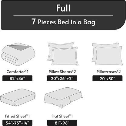 MUXHOMO 7 Pieces Full Comforter Set, Reversible Bed in a Bag Full Size, All Season Bedding Set with Comforter, Flat Sheet, Fitted Sheet, Pillowcases & Shams, Navy & Light Grey