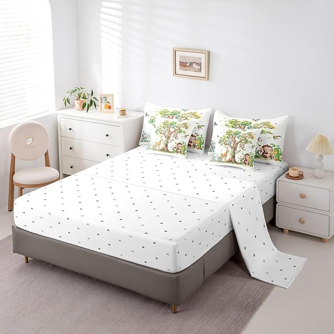 Erosebridal Zoo Animal 7 Piece Bedding Set Full Size,Elephant Monkey Koala Bed in a Bag,Birds Trees Bed Set Includes Comforter, Sheet Set, Pillowcases & Pillow Covers All Season Bedroom Decor
