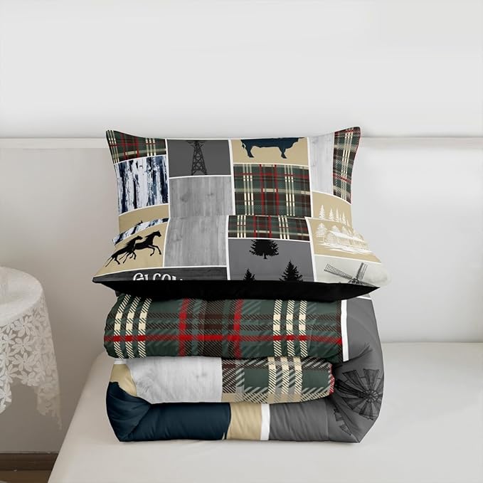 Erosebridal Horse Comforter Set for Boys, Rustic Cabin Patchwork Bedding Set Twin Size, Western Cowboys Cowgirls Bedding Comforter Sets Farm Animal Windmill Patchwork Duvet Insert Southwestern Decor