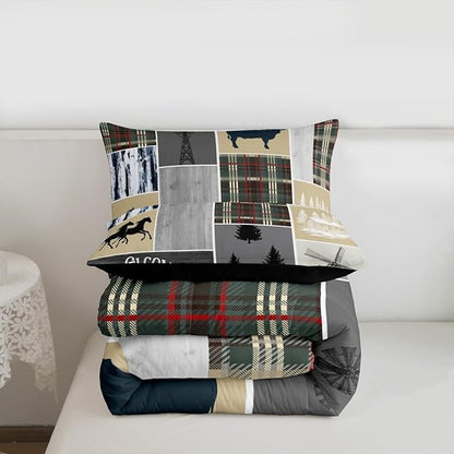 Erosebridal Horse Comforter Set for Boys, Rustic Cabin Patchwork Bedding Set Twin Size, Western Cowboys Cowgirls Bedding Comforter Sets Farm Animal Windmill Patchwork Duvet Insert Southwestern Decor