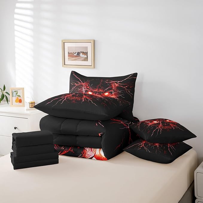 Erosebridal Gothic 7 Piece Comforter Set Full Bed in a Bag,Sugar Skull Bedding Set,Spooky Bone Goth Red Lightning Comforter and Sheet Set,Exotic Halloween Skeleton Decorations