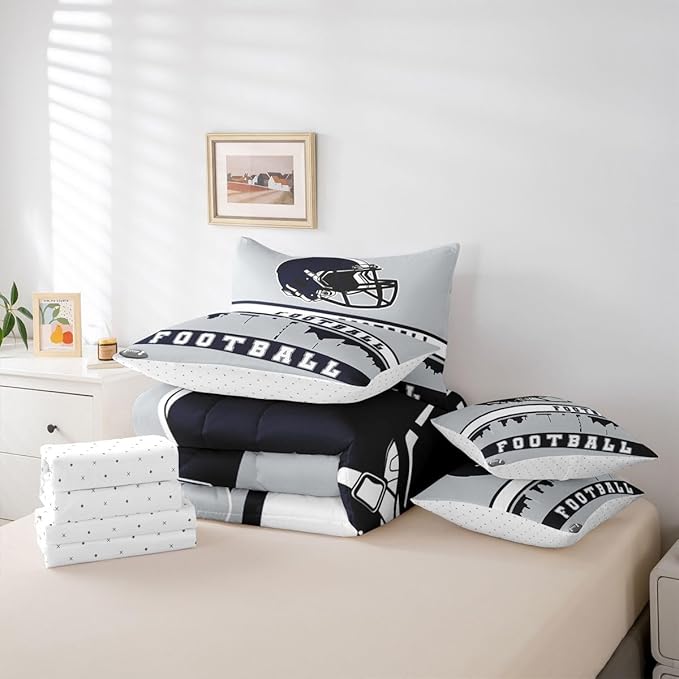 Erosebridal Football 7 Pcs Comforter Set King Football Fans Bedding for Boys Girls Football City Sheet Set Bed in A Bag Grey Rugby Competition Room Decor Sports Ball Game Quilt