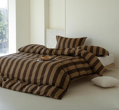 King Size Cotton Comforter Set, 3Pcs Brown Yellow Striped Duvet for All Seasons, Luxury Warmth Breathable Bedding Set with 1 Lightweight Comforter and 2 Pillow Shams
